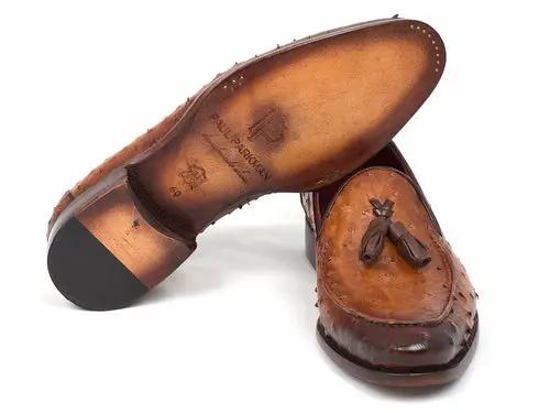 Paul Parkman camel brown genuine ostrich tassel loafers, leather, 2 shoes