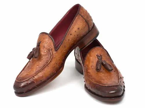 Paul Parkman camel brown genuine ostrich tassel loafers, ostrich leather with tassels