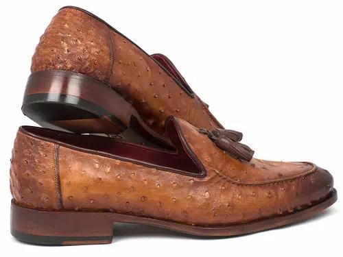 Paul Parkman camel brown genuine ostrich tassel loafers pair PrimeCanada.Store