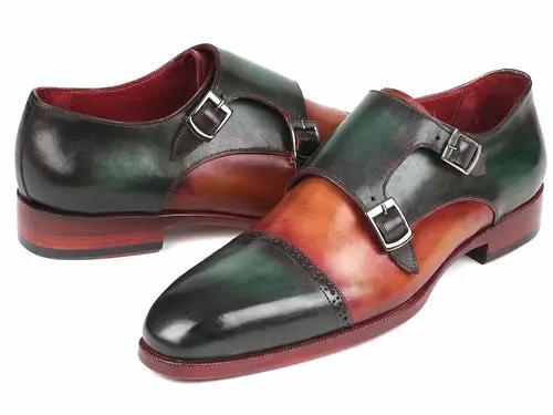 Paul Parkman Captoe Double Monkstraps green and camel leather dress shoes