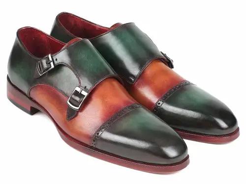 Paul Parkman captoe double monkstraps pair, green and camel leather, PrimeCanada.Store