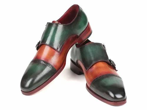 Paul Parkman Captoe Double Monkstraps pair in green and camel leather