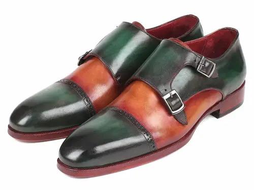 Paul Parkman Captoe Double Monkstraps pair in green and camel leather with two buckles