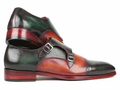 Paul Parkman Captoe Double Monkstraps, green and camel, pair of leather dress shoes.