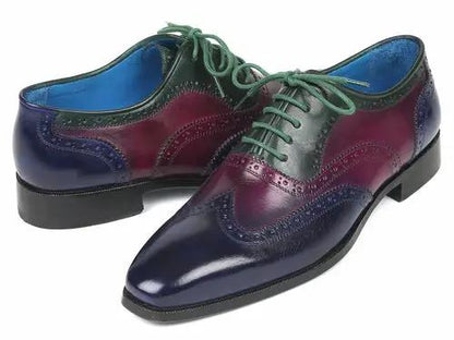 Pair of Paul Parkman men's multi-color wingtip oxford shoes in blue, purple, and green.