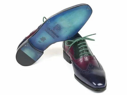 Paul Parkman men's multi-color wingtip oxford shoes, green laces, pair.