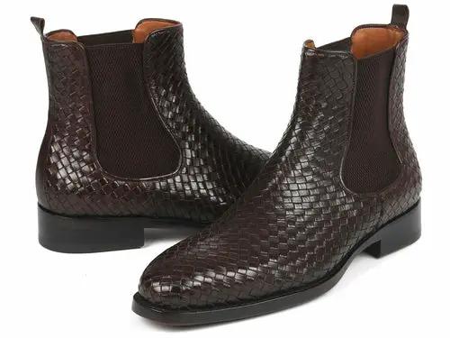 Paul Parkman chocolate brown woven leather Chelsea boots pair by PrimeCanada.Store