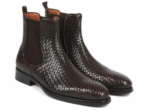Paul Parkman chocolate brown woven leather Chelsea boots, a pair, PrimeCanada.Store