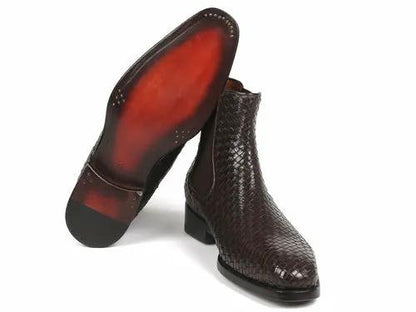 Paul Parkman Chocolate Brown Woven Leather Chelsea Boots by PrimeCanada.Store