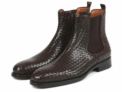 Paul Parkman Chocolate Brown Woven Leather Chelsea Boots, pair with elastic side panels and pull tabs, PrimeCanada.Store.