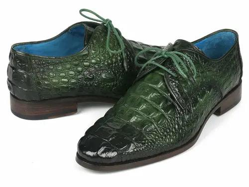 Pair of men's green croco-textured leather derby shoes with teal interior and green laces