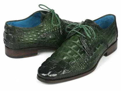 Pair of men's green croco-textured leather derby shoes with teal interior and green laces