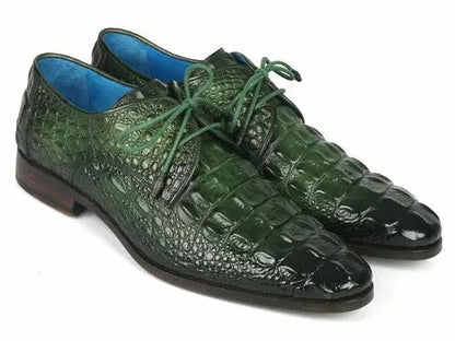 Pair of Paul Parkman men's green croco-textured leather derby shoes with blue lining