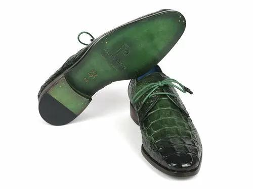 Paul Parkman Men's Green Croco Textured Leather Derby Shoes, pair