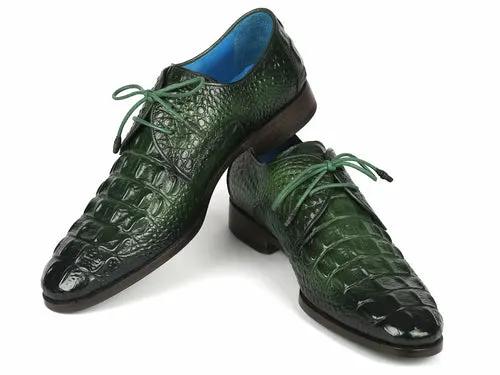 Paul Parkman men's green croc-textured leather derby shoes with green laces and blue lining, pair.