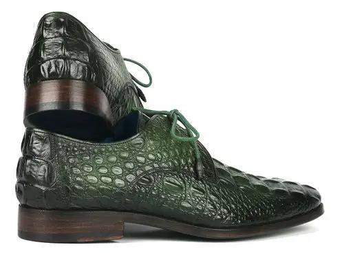 Paul Parkman men's green croc-textured leather derby shoes with lace-up design.