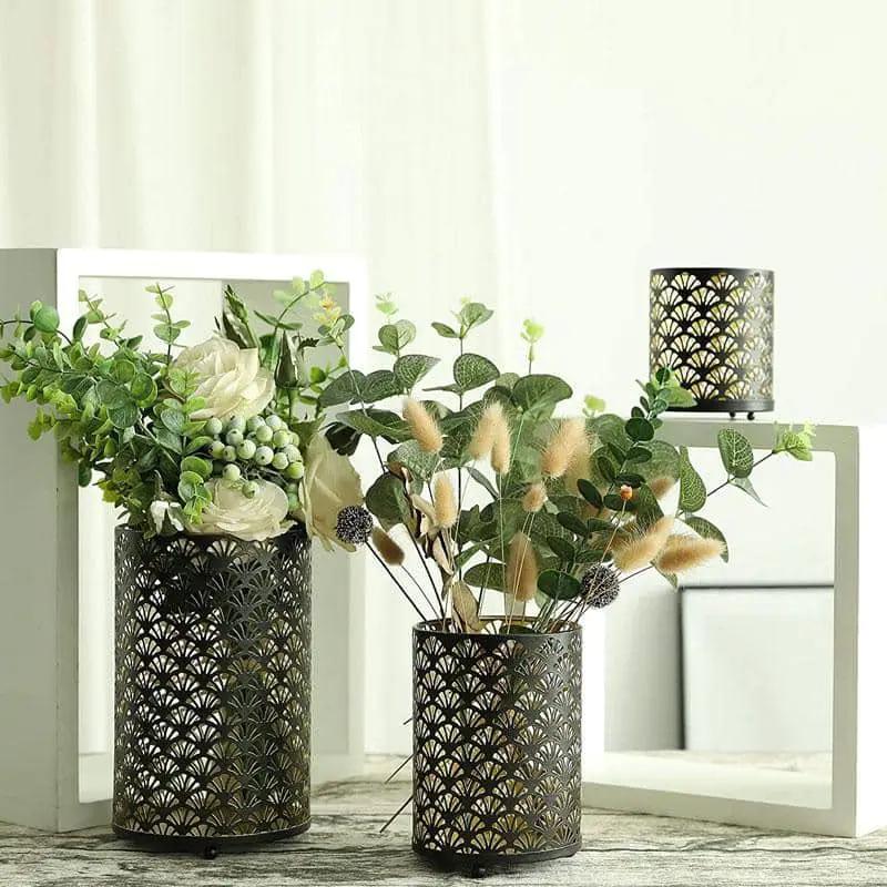 Metal hurricane candle holders set of 3, black metal with gold lattice pattern by JHY DESIGN
