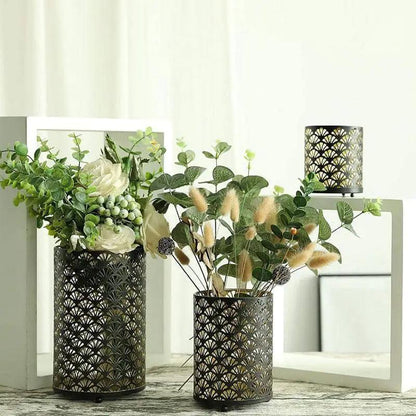 Metal hurricane candle holders set of 3, black metal with gold lattice pattern by JHY DESIGN
