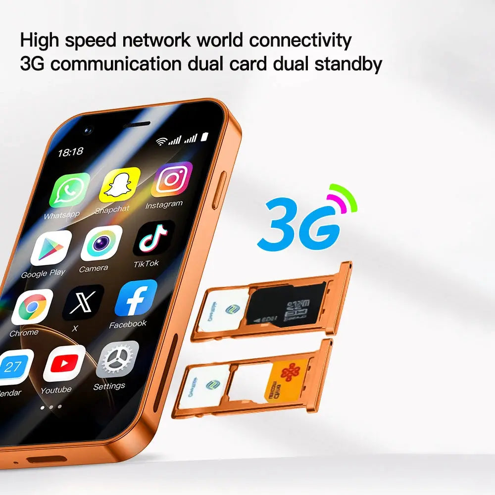 ONEMYTH A17 mini Android phone in orange with dual-SIM trays and 3G support