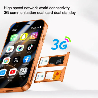 SOYES A17 mini Android smartphone in orange with dual SIM slots and 3G capability.