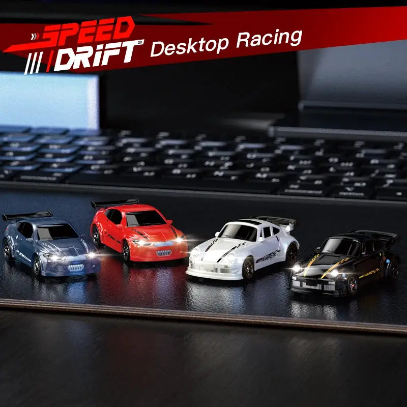 KF20 1/64 High Speed Drift RC Cars set of 4 with 4WD on a desk (blue, red, white, black)