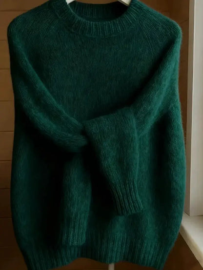 Womens soft cozy knit sweater, emerald green fuzzy pullover