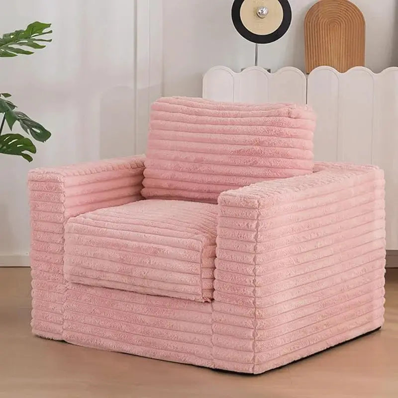 Tufted Backrest Sofa Bed in pink plush fabric with ribbed texture