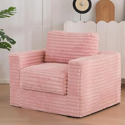 Tufted Backrest Sofa Bed in pink plush fabric with ribbed texture