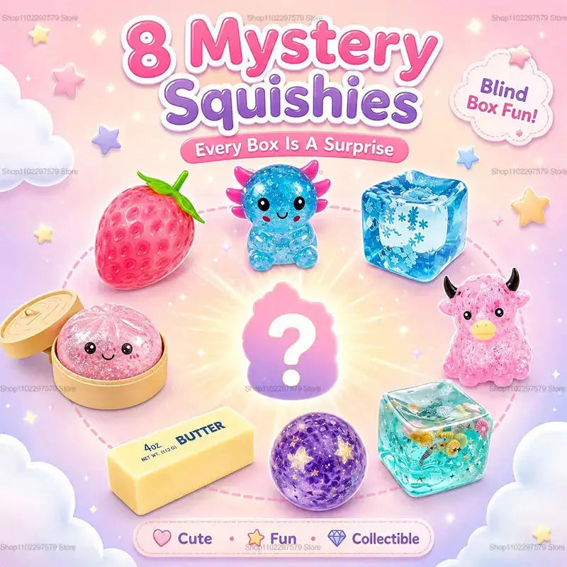 Mystery squishies blind-box set: 8 slow-rising fidget toys in pink, blue, purple, and yellow