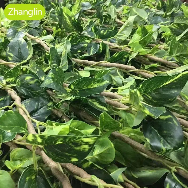 Artificial trailing plant with green variegated leaves and twisting brown stems.