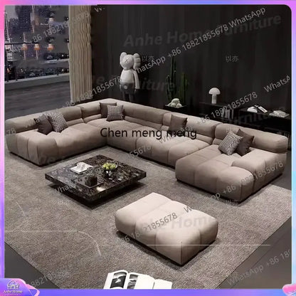 Y183 Corner Puffs beige fabric sectional sofa with matching ottoman, two-piece modern Nordic living room set