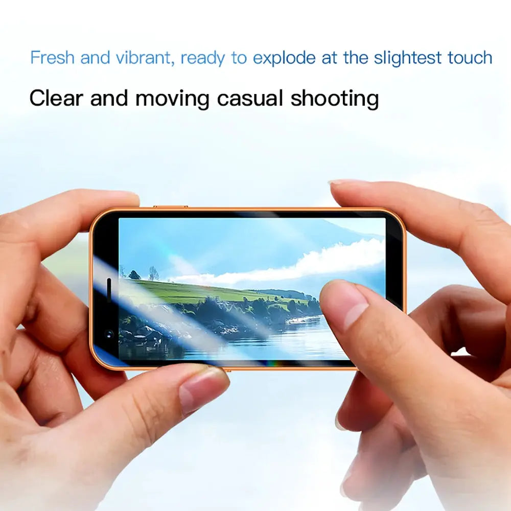 SOYES A17 mini Android smartphone with orange frame, 3.0-inch screen, held by hands.