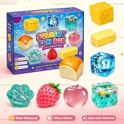 Squishy Fun Box 8-pcs sensory toys set; colorful slow-rising cubes and fruit-pastry shapes for desk decor