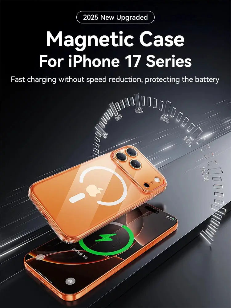 Joyroom magnetic case for iPhone 18 Pro Max, orange transparent cover with wireless charging on two iPhones