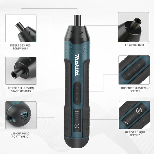 Makita cordless electric screwdriver with blue/black grip, USB-C charging port, and LED worklight.