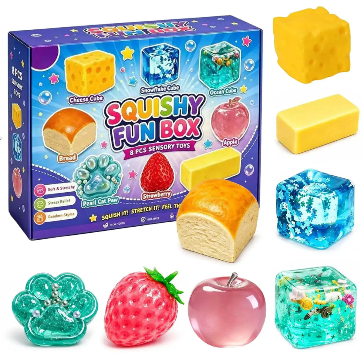 Squishy Fun Box 8-piece set of slow-rising squishies in colorful shapes (cheese cube, bread, apple, strawberry)