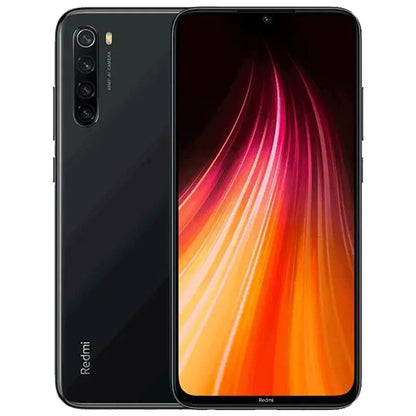 Xiaomi Redmi Note 8 Global firmware smartphone, black, front and back views with quad-camera