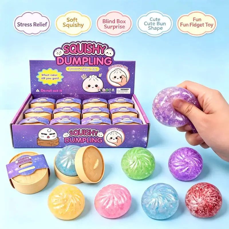 Mini squeeze stress relief dumplings; assorted translucent colors, soft TPR squishy toys in a purple display box