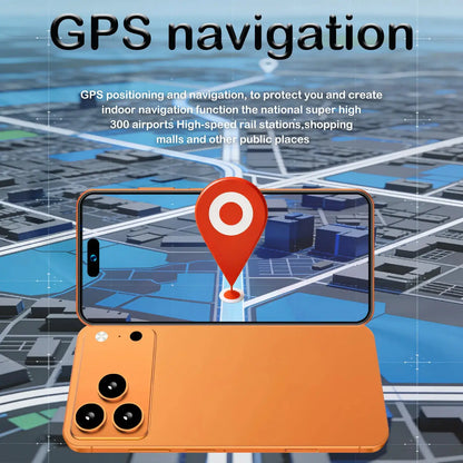 I17 Promax 5G smartphone in orange with triple-camera rear and GPS navigation on screen.
