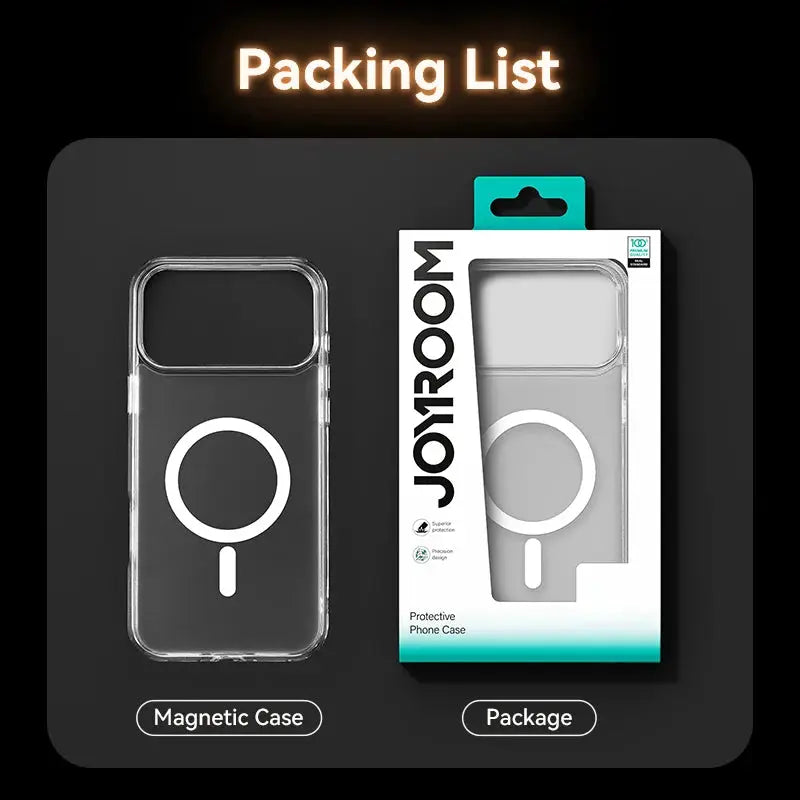 Joyroom magnetic phone case for iPhone; transparent case with MagSafe ring beside the Joyroom package