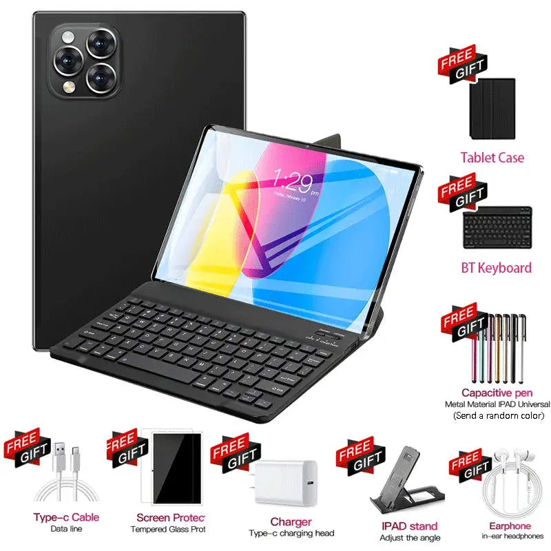 Pad 15 Pro 11-inch tablet with black keyboard case and stand; bundled free gifts include tablet case, BT keyboard, capacitive pen