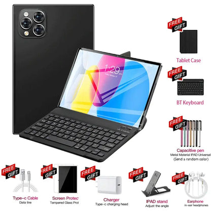 Pad 15 Pro 11-inch tablet with black keyboard case and stand; bundled free gifts include tablet case, BT keyboard, capacitive pen