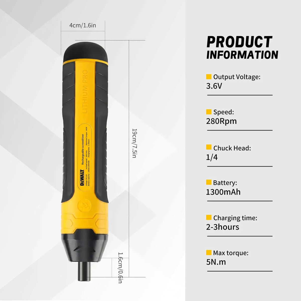 DEWALT cordless electric screwdriver with yellow/black body, 3.6V, 5N.m torque, 1/4-inch chuck, 1300mAh Li-ion battery