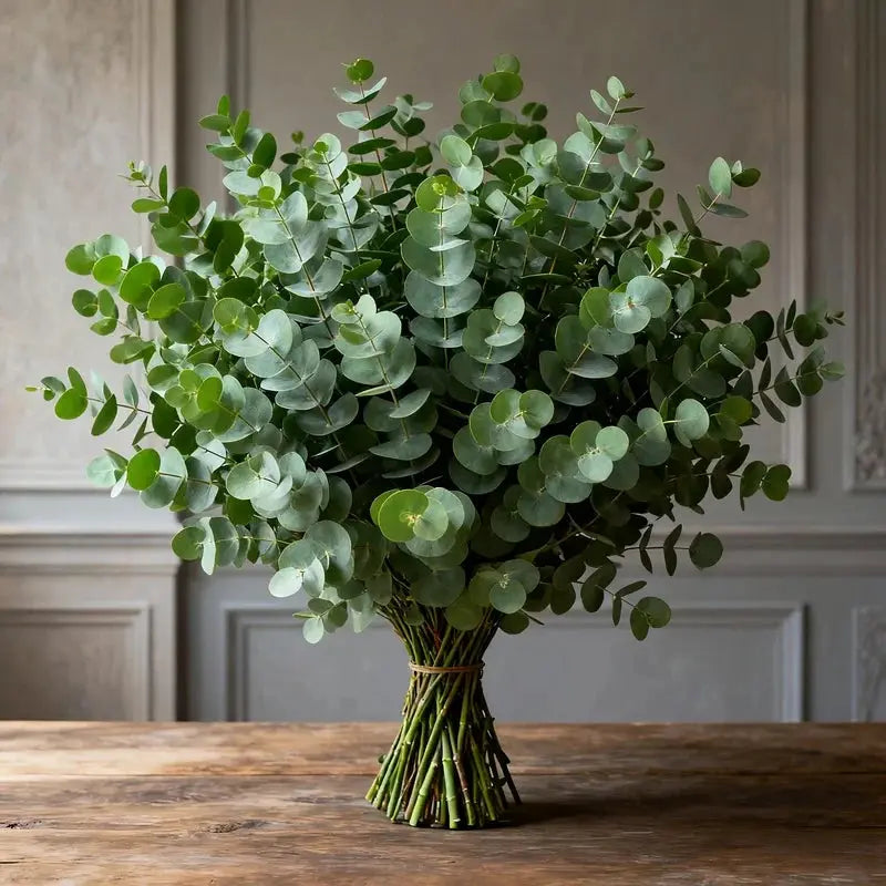 Artificial eucalyptus bouquet, 26 green round-leaf stems tied with twine