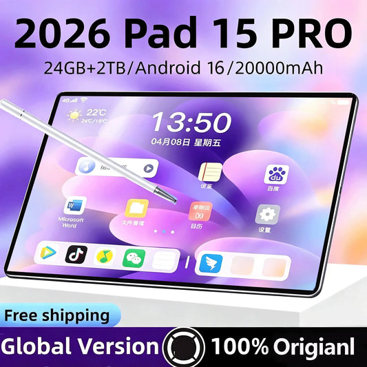 Pad 15 Pro 11-inch tablet with silver stylus on a purple gradient background; 24GB+2TB Android 16