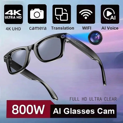 Black AI translation smart glasses with built-in camera, 4K UHD recording, waterproof design
