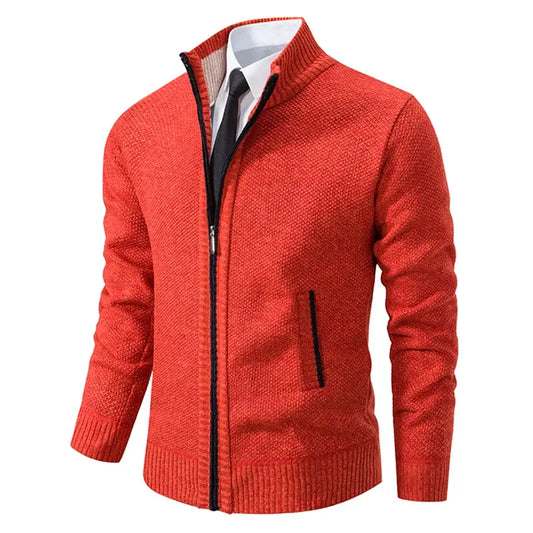 Men's relaxed-fit casual sports coat in red knit with zip front and black-trim pockets by PrimeCanada.Store