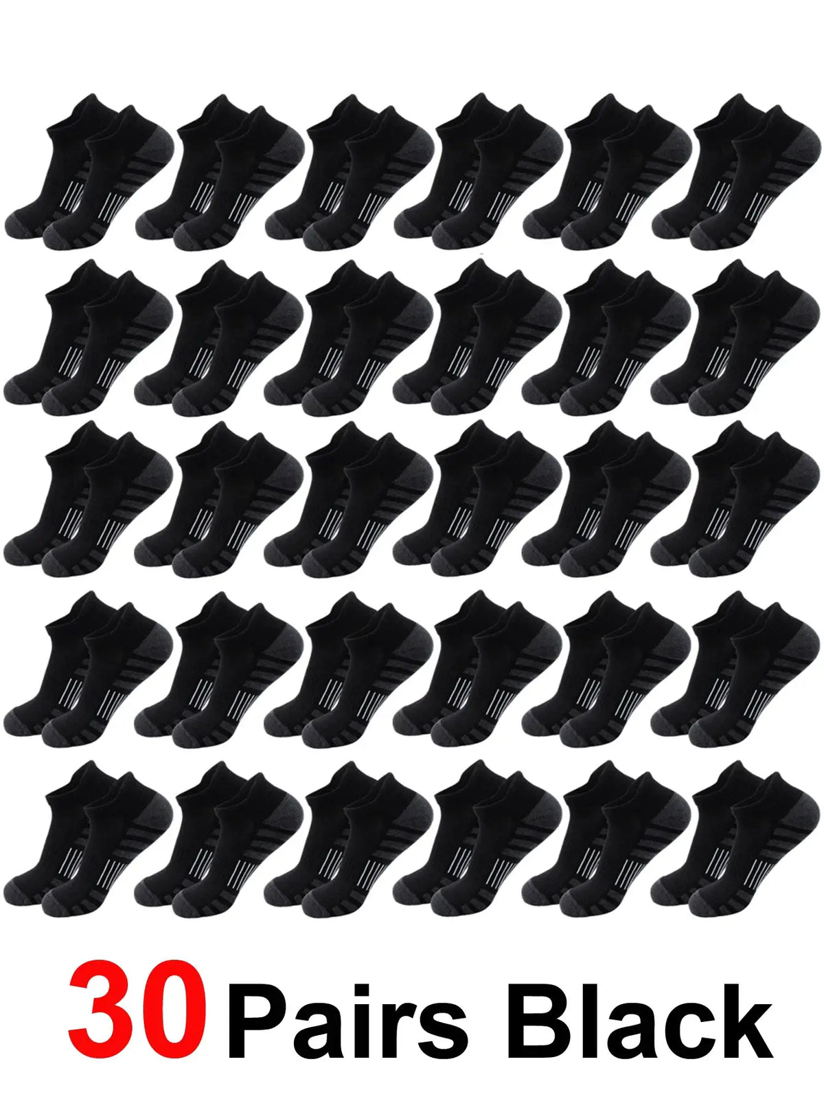 Breathable cushioned athletic ankle socks with extra padding, black, 30 pairs