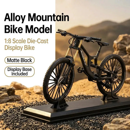 1:8 scale die-cast European alloy mountain bike model in matte black with dual suspension, display base included