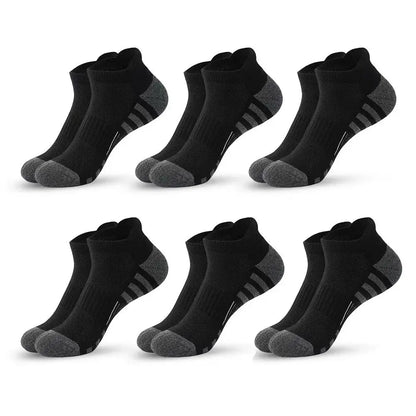 Breathable cushioned athletic ankle socks, 6 pairs, black with gray toes and heels for daily use
